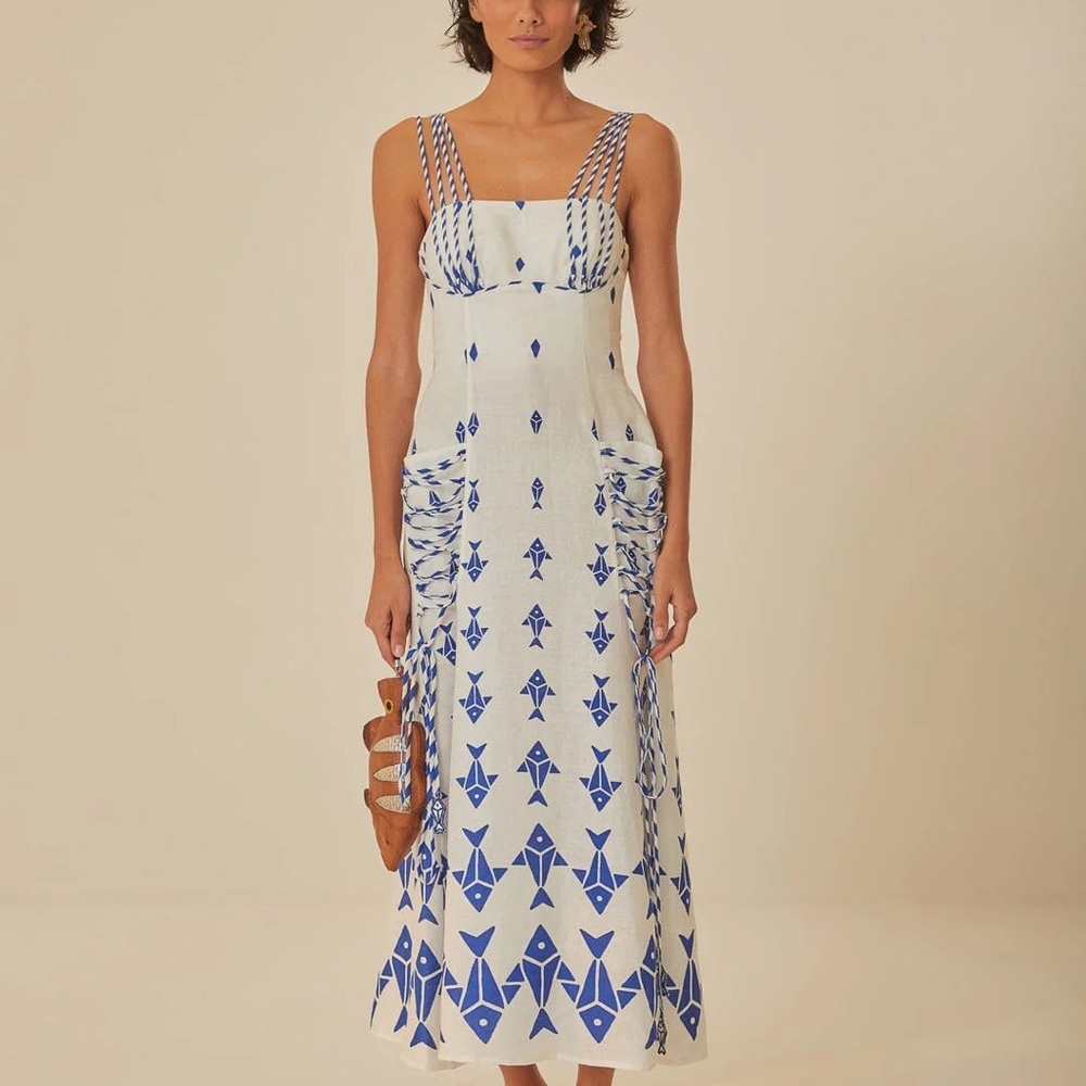 FARM Rio Off White With Graphic Fishes Euroflax Premium Linen Maxi Dress